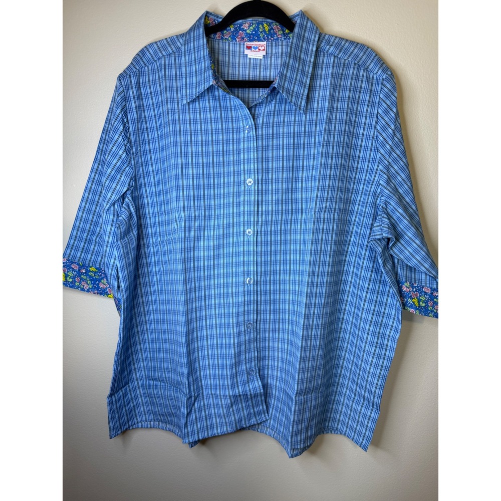 American Sweetheart by Haband Blue Plaid Floral Button Up Shirt Size 2X Vintage